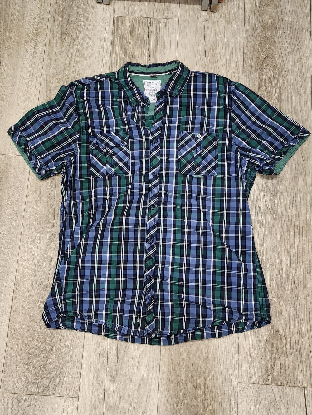 Buffalo David Bitton Blue and Green Plaid Short-Sleeve Button-Down Shirt